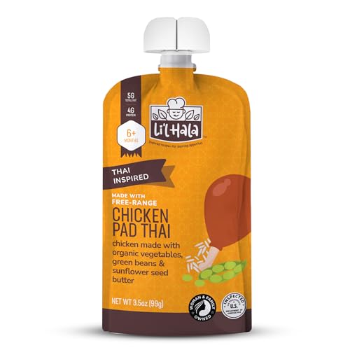 Li’l Hala Chicken Pad Thai – Baby or Toddler Food Pouch (6+ Months) – Free-Range Chicken & Organic Vegetables – No Added Hormones – 3.5 oz - Pack of 12 Pouches