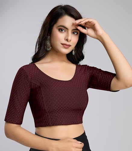 Image of TRENDMALLS Women's Dobby Pure Cotton Elastin Stretchable Readymade Round Neck Elbow Length Sleeves Blouse Choli Stylish Saree Blouse Ready to Wear