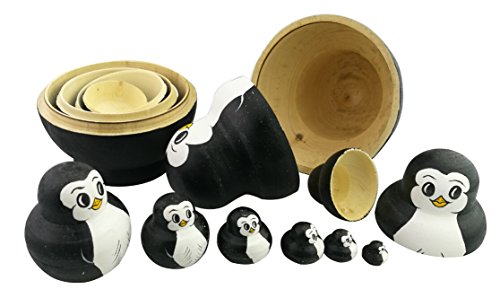 Set aus 10 ineinander stapelbaren Tieren - Motiv „Pummeliger Pinguin“ - Matroschka-Prinzip - handgefertiges Spielzeug aus Holz für die Dekoration des Kinderzimmers