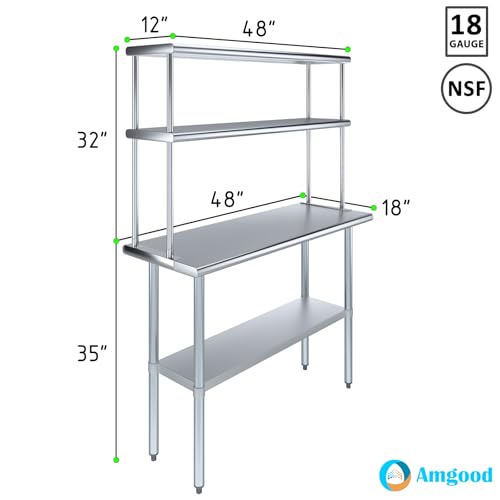 Image of AmGood Stainless Steel Work Table with 12 inch Wide Double Tier Overshelf | Metal Kitchen Prep Table & Shelving Combo | NSF (Stainless Steel Table with Double Overshelves, 48 inch Long x 18 inch Deep)