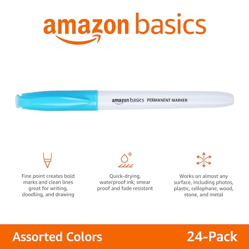 Image of Amazon Basics Fine Tip Permanent Markers for Office, School, and Home Use, Assorted Colors, 24 Pack