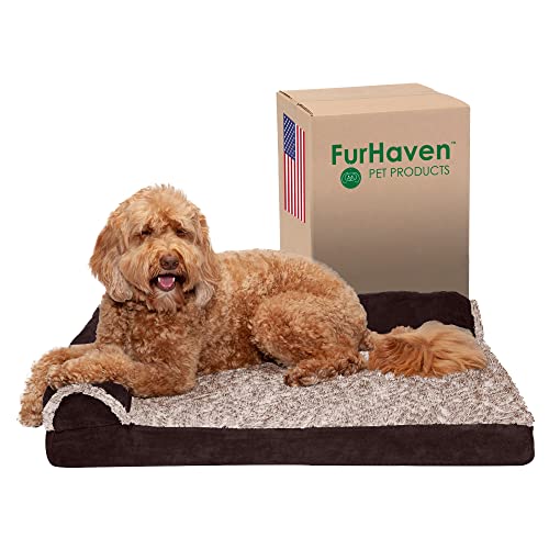 Image of Furhaven Orthopedic Dog Bed for Large /Medium Dogs w / Removable Bolsters & Washable Cover, For Dogs Up to 55 lbs - Two-Tone Plush Faux Fur & Suede L Shaped Chaise - Espresso, Large