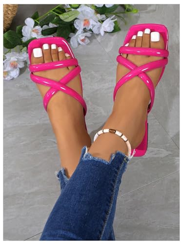 GORGLITTER Women's Criss Cross Strappy Flat Sandals Square Open Toe Dressy Summer Vacation 2025 Slip on Slide Shoes3