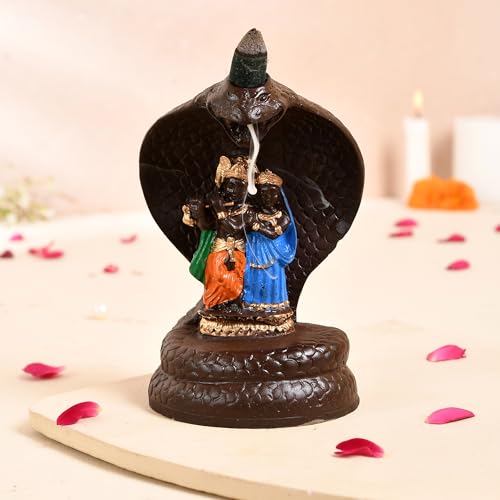 Image of Craftam Polyresin Smoke Backflow Fountain Radha Krishna Incense Holder Decorative Showpiece Gift with Free 20 Scented Cone Incenses (Naag Radha Krishna), Brown