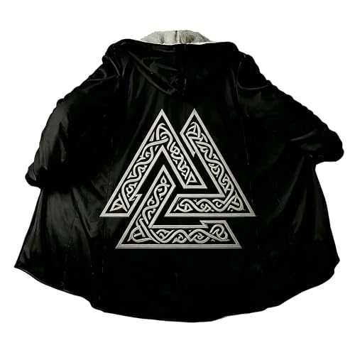 Image of Viking Mythology Mens Hooded Cloak Nordic Faux Cashmere Hoodie Winter Warmer Overcoat Mid-Length Parka Jacket