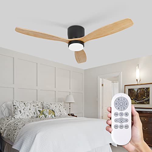 Raccroc Low Profile Ceiling Fan With Light,Flush Mount Ceiling Fan With Remote,3 Natural Solid Wood Ceiling Fans With Lights,22W Led Light,6 Speeds,Reversible Quiet Dc Motor(Matte Black) #TOP7