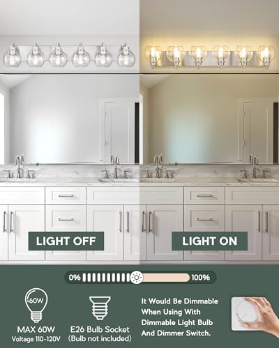 Image of Bathroom Light Fixtures, 6 Light Brushed Nickel Vanity Light, 38 Inch Modern Wall Sconces with Globe Clear Glass Shade, Vanity Lighting Fixtures Over Mirror, VL195-BN-6