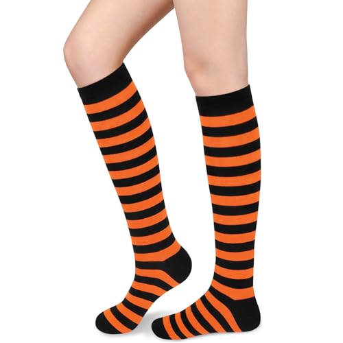 Sarfel Orange and Black Striped Socks Womens Halloween Sock Woman Halloween Knee High Socks Orange Striped Sock Witch Costumes
