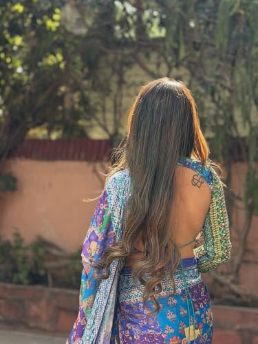 Image of Sidhidata Women's Chinon Ajrakh Printed Mirror Patch Work Saree With Unstitched Blouse Piece (Rangrez Blue Blue Free Size)