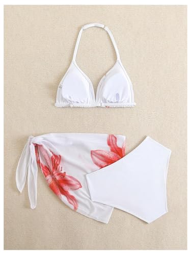 Image of SHENHE Girl's 3 Piece Swimsuits Cute Halter Triangle Bikini Bathing Suit with Beach Cover Up