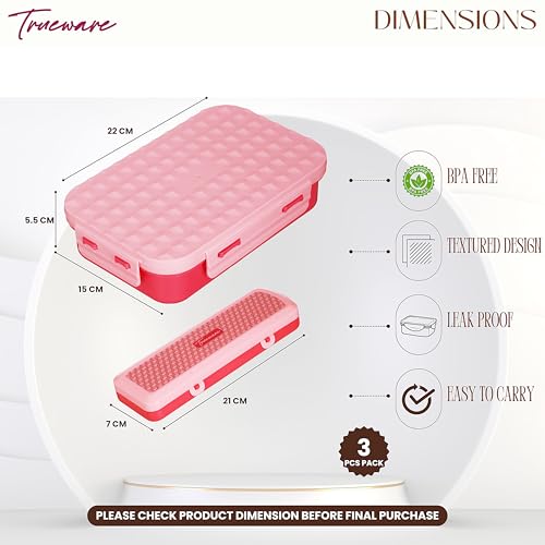 Image of Trueware Crest Lunch Box 2 Compartment Leak-Proof BPA Free Stainless Steel, Lunch Box for Kids, Lunch Box for School & Office with a Spoon, 580 ML (LBK-Crest-Pink BAZ)