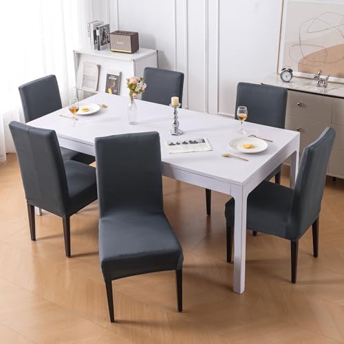 Image of HOKIPO 'SereneSolids' 140 GSM Polyester Blend Dining Chair Cover Set of 6, Grey (AR-6246-GRY)