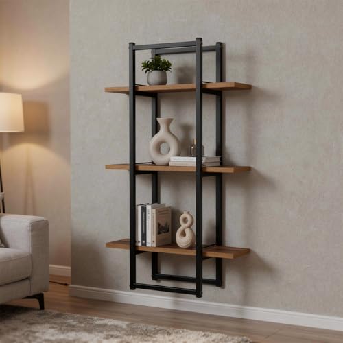 Image of Mighty Home Floating Wall Shelf with Black Metal Frame, Wooden Wall-Mounted Shelves for Books, Plants & Decor, DIY Organizer for Home & Office, Brown, 3-Tier