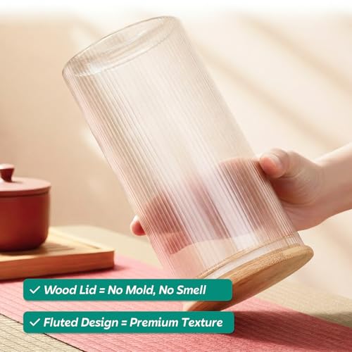 Image of amazon basics Set of 6 Large Fluted Glass Jars with Airtight Bamboo Lids | 1000ml Decorative Storage for Flour Cookies Dry Fruits | Premium Kitchen Canisters BPA-Free