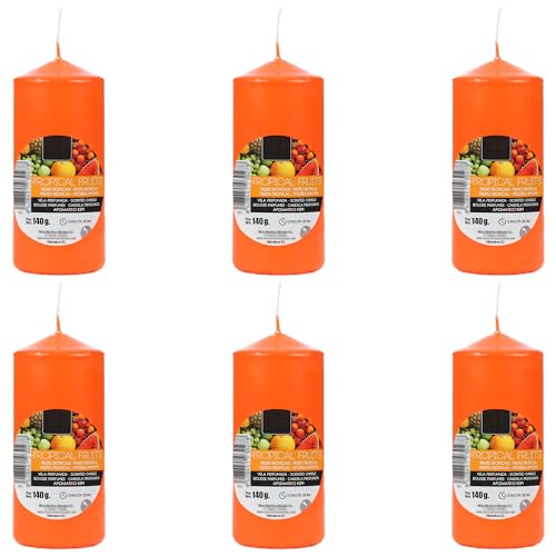 Pack de 6 Velas Aromáticas Cilíndricas Elegantes 140g, 25h Duración - Velón Taco de Cera, Decorativas y Relajantes 110x47 mm (Tropical Fruits)