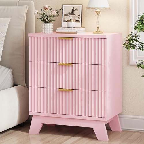 Image of Xixini Fluted Nightstand, 24 inch Wide Side Table with 3 Large Storage Drawers, Mid Century Modern Wood Night Stand with Metal Handle, Wooden Bedside End Table for Bedroom, Pink