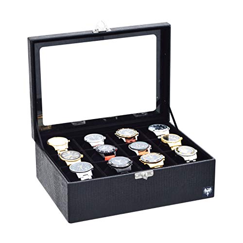 Porta-Relógios Total Luxo Couro Ecológico Preto Preto 12 Divisórias Maiores (3x4)