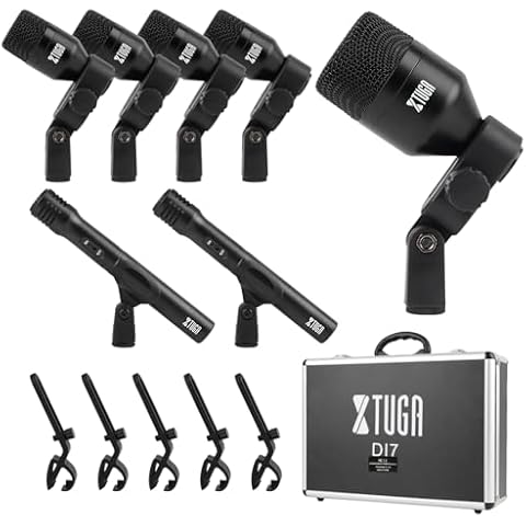 XTUGA DI7 7 PCS Wired Dynamic Drum Mic Kit Metal Kick Bass, Tom/Snare & Cymbals Microphone-Use for Drums, Vocal, Other Instrument with Thread Clip On Stage Cover
