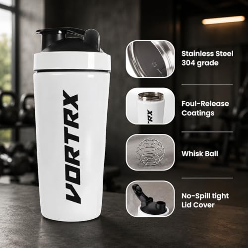 Image of Stainless Steel Shaker Bottles For Gym | 100% Leakproof BPA-Free Protein Shaker Bottle With Whisk Ball | Perfect for Protein, Pre-Workout, Creatine | Metal Shaker 750ml - White