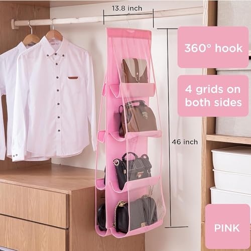Image of 8 Pocket Hanging Handbag Organizer - Multi-Compartment Purse Storage with Adjustable Hooks - Space-Saving Closet Organizer for Handbags, Purses, Wallets - Durable, Home (Pink)