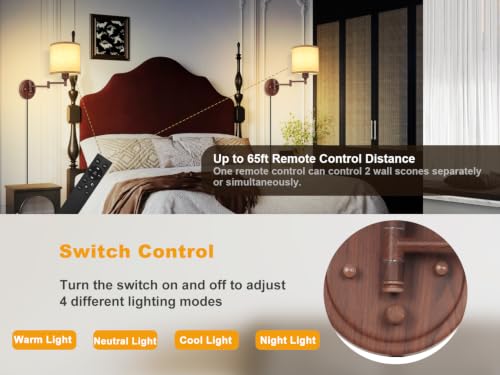 Image of GOODATE Plug in Wall Sconces with Remote Control, Dimming & Adjustable Colors 2700K-6500K, Hardwire or Plug-in, Swing Arm Wall Lamp, Wall Sconces Set of Two, Linen Fabric Shade, Walnut Finish