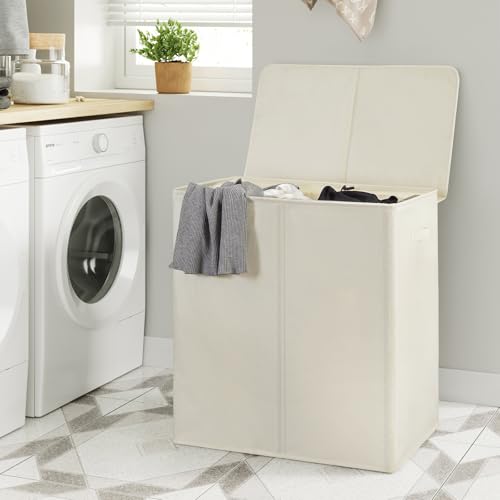 Image of WOWLIVE 140L Double Laundry Hamper with Lid and Removable Laundry Bags, Large Dirty Clothes Hamper 2 section Collapsible Laundry Basket Dorm Room Storage for Bedroom, Bathroom, College,Beige