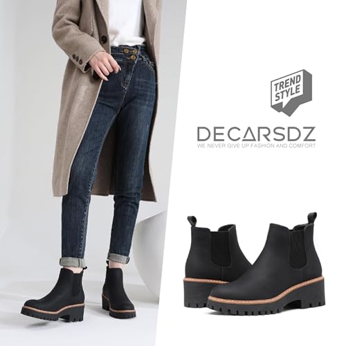 DECARSDZ Womens Chunky Platform Chelsea Boot With Elastic Low Wedge Heel Slip On For Fall Work Suede Leather Classic Style Ankle Boots Women2