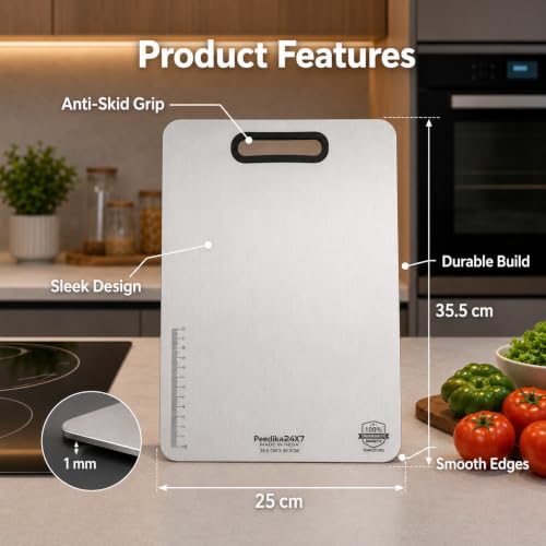 Image of Peedika24X7 Premium Stainless Steel Chopping Board Medium with Free Knife, Heavy Duty Rust Proof Vegetable Cutting Board, Reversible Non Slip Metal Cutter for Meat & Vegetables, 35.5 x 25 cm