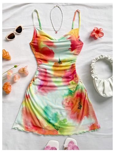 Image of BEAUDRM Women's Y2k Floral Mini Dress Summer Beach Vacation Dress Mesh Ruched Spaghetti Strap A Line Sundress