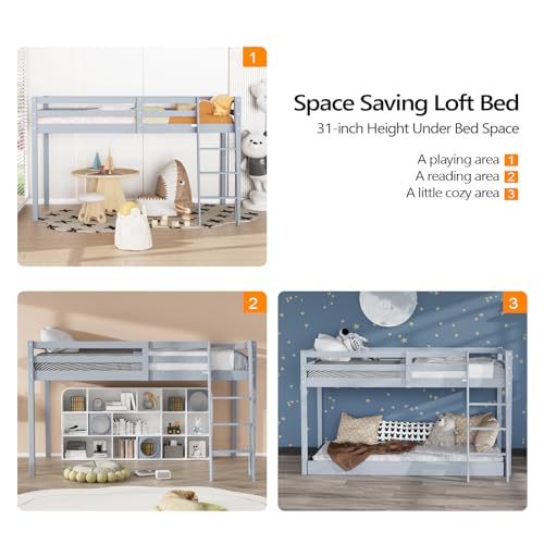 Bonnlo Low Loft Bed Twin Size with Inclined Stairs, Junior Loft Bed with High Guard Rail for Kids/Young Teens/Adults, Solid Wood Low Bunk Bed Twin Size Gray, No Box Spring Required - Thumbnail 6