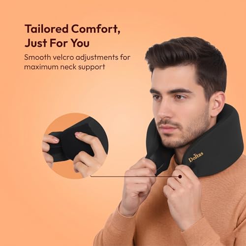 Image of DOLTAS Travel Neck Pillow - 100% Memory Foam Neck Support Pillow for Flight Travel, Adjustable Velcro Straps, Includes Eye Mask & Noise Isolating Ear Plugs with Free Travel Pouch | Velvet Black
