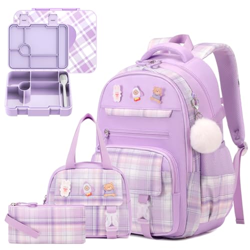 4pcs School Backpack for Girls, Girls Backpack with Lunch Box, Bento Box,Pencil Case, Cute Kawaii Plaid Book Bag for Teen Girl Kindergarten Elementary Preschool Middle High School, Purple
