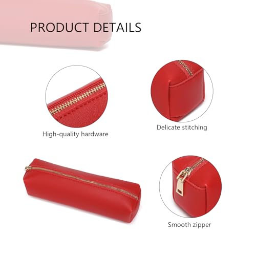Image of Pencil Case Small Zipper Pen Pouch for School Office Art Supplies Stationery Organizer Bag for Pens Markers(Bright Red /Faux Leather)