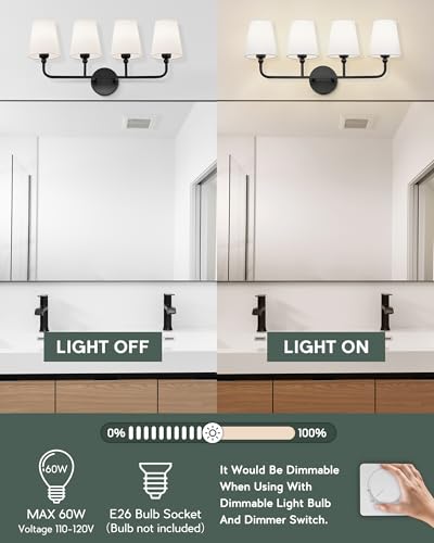 Image of Bathroom Light Fixtures, 4 Light Matte Black Vanity Lights with Flared White Fabric Shade, 28 Inch Wall Sconce, Modern Sconces Wall Lighting for Hallway Bedroom, VL837-MB-4