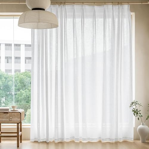 Villey Drapes Triple Pinch Pleated Sheer Curtains Linen Textured Light Filtering Window Treatments Panels for Home Office Pack of 2 Panels, Hooks,...