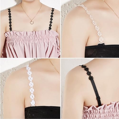 Sichumaria 2 Pairs Lace Flower Bra Straps,Adjustable Non-Slip Bra Straps Replacement Elastic Bra Shoulder Straps Non-Slip Lingerie Straps for Women Girls Tops Dress White and Black - Image 6