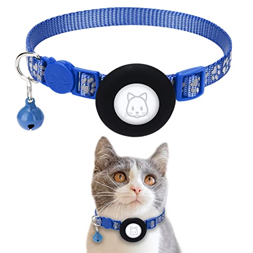 Collier Airtag pour chat, avec support pour Apple Air Tag, boucle de sécurité et cloche, réfléchissant, 1 cm de large, pour chat, chiot, chaton, bleu roi Cover