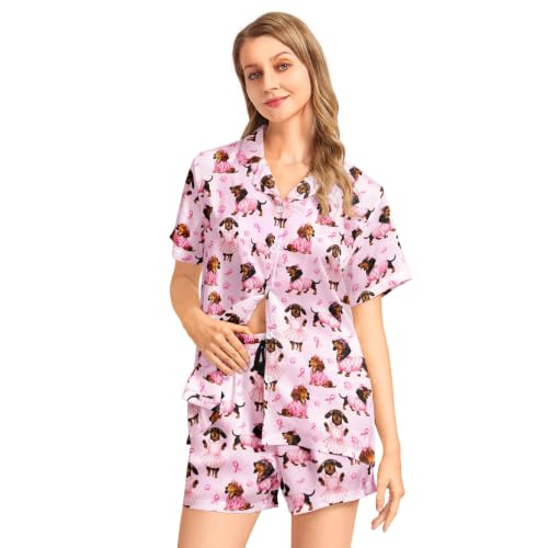 Image of Funny Pajamas for Women Set Print Satin Loungewear Pjs Short Sleeve Button Down Top and Shorts Sets Sleepwear XS-3XL
