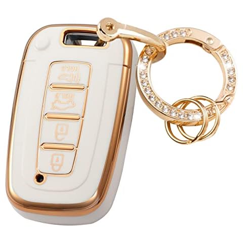 WSAuto Key Fob Cover with Metal Keychain Compatible with Kia Borrego Forte Optima Sorento Soul Sportage Rio Hyundai Azera Sonata Veloster Equus Elantra Tuscan Genesis Elantra Accessories White Cover