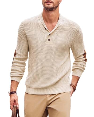 Mens Shawl Collar Pullover Sweaters Big and Tall Cable Knit Lightweight Sweater with Elbow Patches Winter4