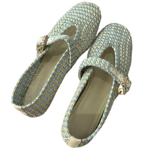 ZQW Woven Mesh Mary Jane Ballet Flats for Women Genuine Leather Raffia Slip-On Breathable Comfortable Summer Casual Shoes