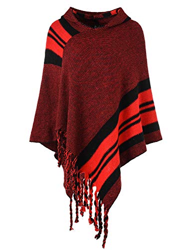 Ferand Elegante Poncho Mantella Donna Uncinetto a Righe con Cappuccio - Taglia Unica - Rosso