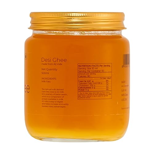 Image of Pure & Sure Organic A2 Desi Ghee 500 ML | 100% Pure Cow Ghee | Made by Traditional Bilona Method | Curd-Churned | Natural Immunity Booster & Other Benifits (Glass Jar) (Pack of 3)