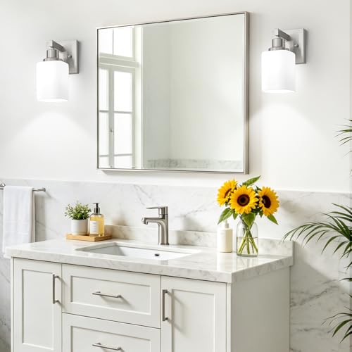 Image of Bathroom Wall Sconces Set of 2,Brushed Nickel Wall Sconce,Vanity Light with Square Frosted Glass Wall Mounted Light Fixture,Farmhouse Wall Lamp for Bedroom Living Room Mirror Hallway