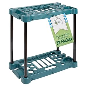 TTL Garden Tuingereedschap, standaard, rechthoekig, 61 x 58 x 31 cm, groen, 28 vakken, gereedschapshouder en organizer voor het opbergen van bezem, spade, hark en tuingereedschap, voor tuinhuis, schuren en garage