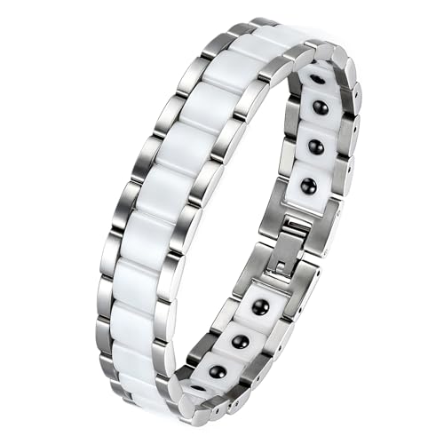 OIDEA Mens Bracelet Gift for Dad Father - 13MM Wide Watch Band Stainless Steel Link Bracelet Two-Tone White Ceramic Bracelet Jewelry with Gift Box, 8.1Inch
