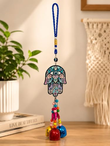 Image of Evil Eye Hamsa Wall Hanging Charm - Multicolor Traditional Protection Amulet with Colorful Beads and Bells for Home Decor, Office, Car, and Gifting (35 cm)