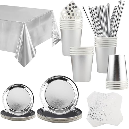 Louça de festa prateada, Vexillic 121 peças louça de festa pratos de papel guardanapos de toalha de mesa de cocktail copos palhinhas reutilizável para festas, casamentos, aniversários, 24 convidados
