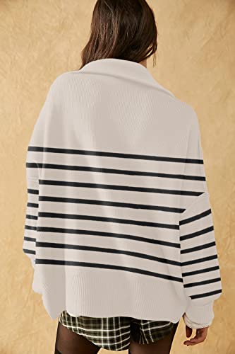 Womens Sweaters Casual Zipper Neck Knit Tops Batwing Sleeve Oversized Sweatshirt Stripes Pullover Sweater Side Split3