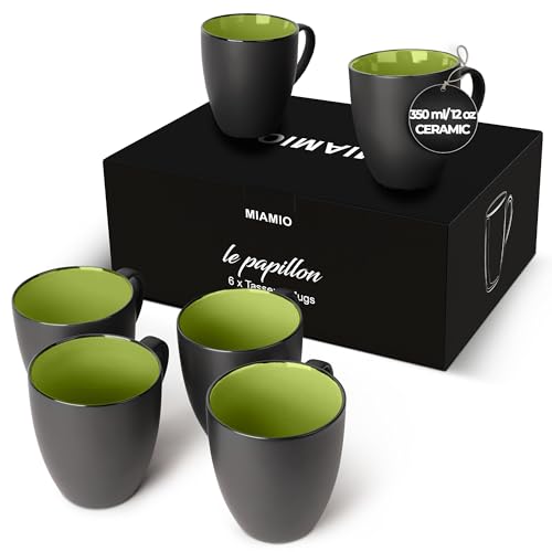 MIAMIO - Set of 6 Stoneware Coffee Mugs 12 Ounce/Cup Set - Le Papillon Collection (Black-Green)